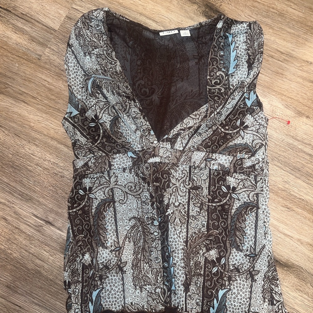 Cato Brown and Blue Patterned V-Neck Blouse